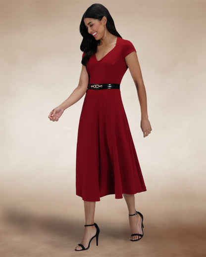 A Line Midi Dress with Cap Sleeves