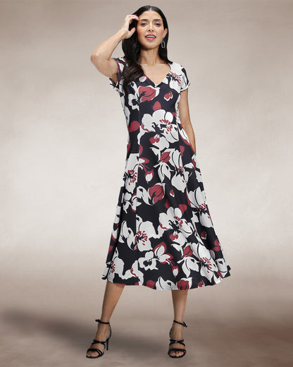 A Line Midi Dress with Cap Sleeves