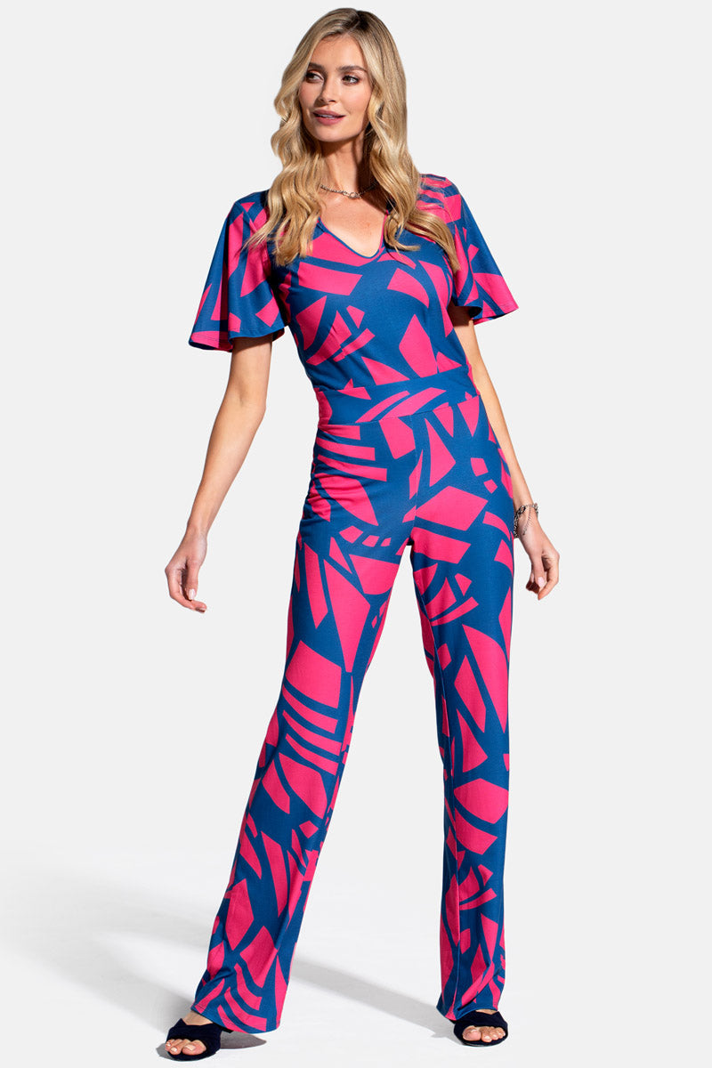 Straight Leg Jumpsuit with V-neck and Flare Sleeves