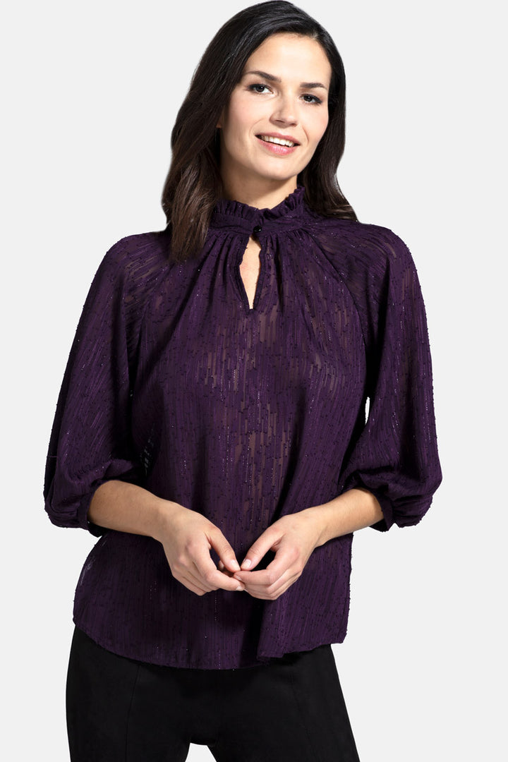 Balloon-Sleeved Top with High Collar