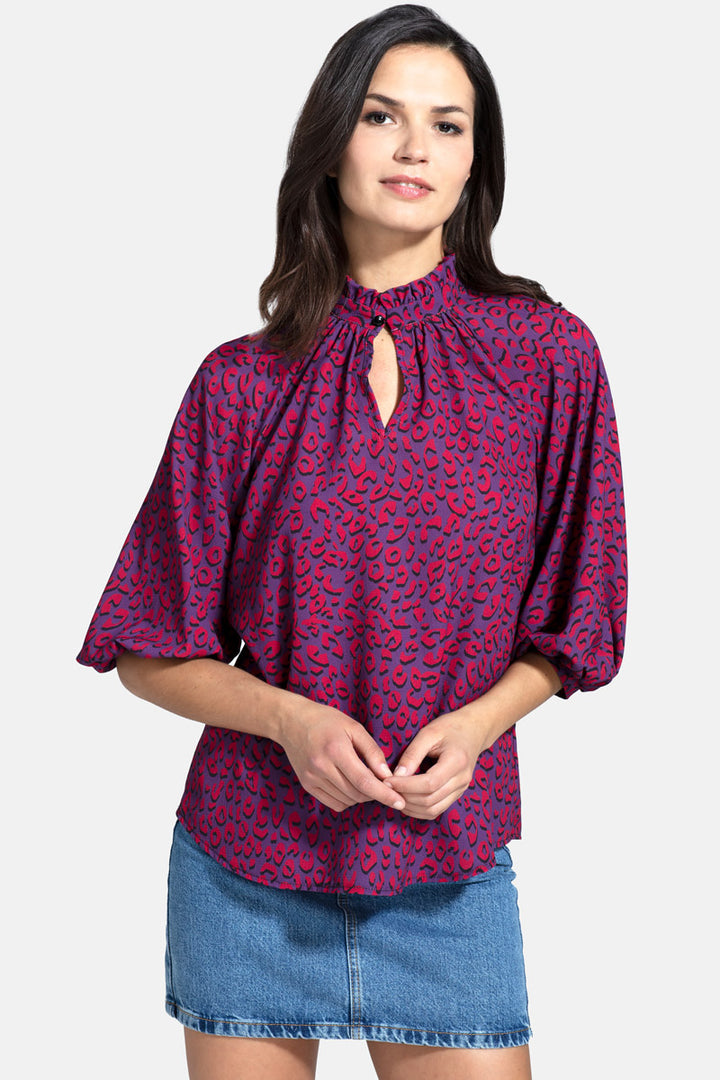 Balloon-Sleeved Top with High Collar