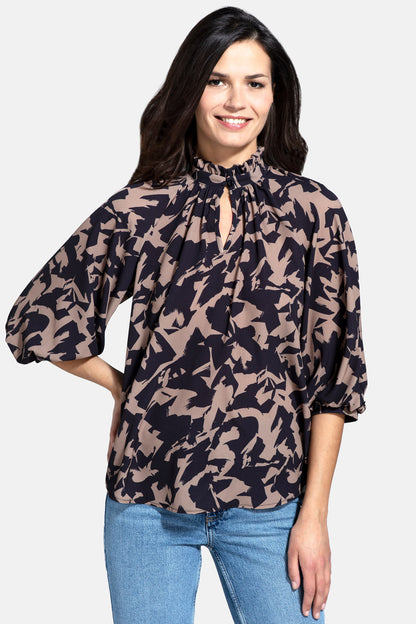 Balloon-Sleeved Top with High Collar