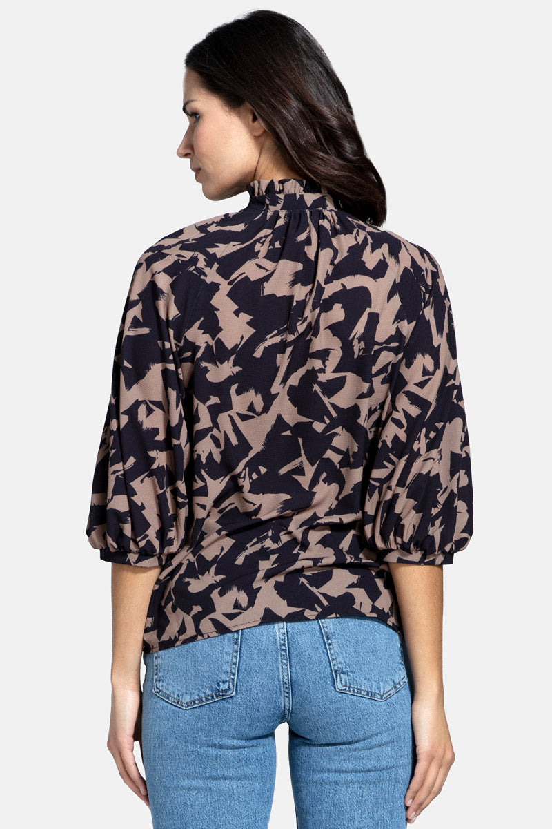 Balloon-Sleeved Top with High Collar